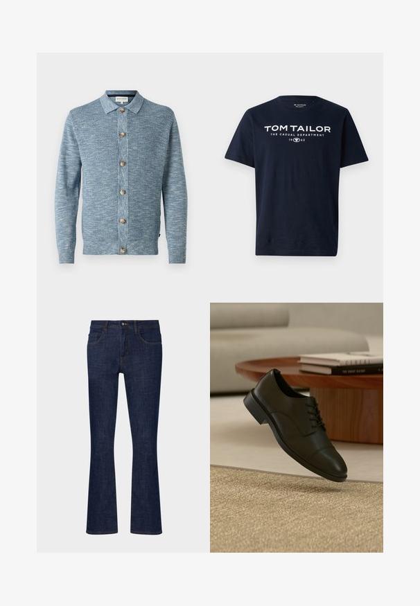 Lyseblå strikket cardigan med et struktureret mønster, med knaplukning foran og træknapper, lange ærmer og klassisk krave.; Marineblå bomulds T-shirt med fed hvid tekst: "TOM TAILOR THE CASUAL DEPARTMENT 1962." Kortærmet og rund halsudskæring.; Mørkeblå denim flare jeans med mellemhøj talje, fem lommer og kontrastsyninger. Glat tekstur med minimal slid.; Sort lædersko med snører, der svæver over et beige tekstureret tæppe i et stue med et træ sofabord og bøger.