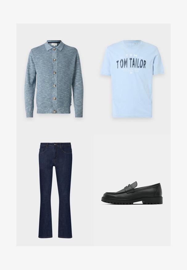 Lyseblå strikket cardigan med et struktureret mønster, med knaplukning foran og træknapper, lange ærmer og klassisk krave.; Lyseblå bomulds t-shirt med rund halsudskæring og korte ærmer. Den har kraftig sort trykt tekst: "TOM TAILOR" samt yderligere brandingdetaljer.; Mørkeblå denim flare jeans med mellemhøj talje, fem lommer og kontrastsyninger. Glat tekstur med minimal slid.; Sorte læder loafers med rund tå, der har et syet design, lav platformssål og en struktureret, skridsikker gummisål.