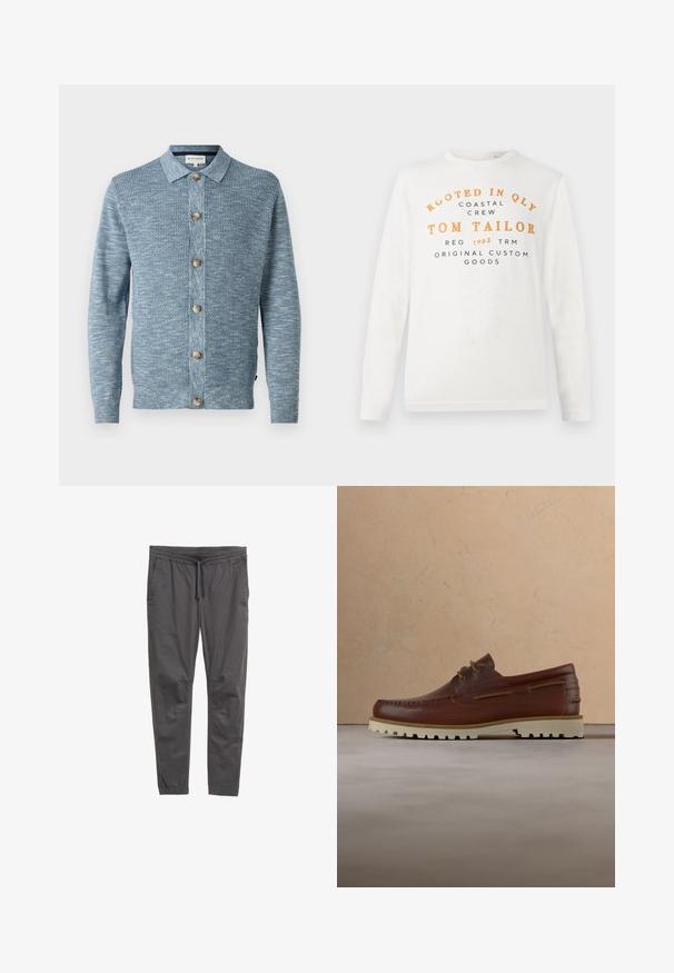 Cardigan en tricot bleu clair avec un motif texturé, doté d'une fermeture à boutons à l'avant et de boutons en bois, avec des manches longues et un col classique.; Chemise blanche à manches longues avec un texte orange et noir indiquant "Rooted in QLY Coastal Crew Tom Tailor Reg 1962 TRM Original Custom Goods" sur le devant.; Pantalons noirs légers avec une taille élastique et un cordon de serrage. Présentent des jambes fuselées et des poches latérales pour plus de praticité.; Chaussure décontractée à lacets en cuir marron avec semelle en caoutchouc crème suspendue au-dessus d'un tapis beige près d'une table basse en bois avec des livres.