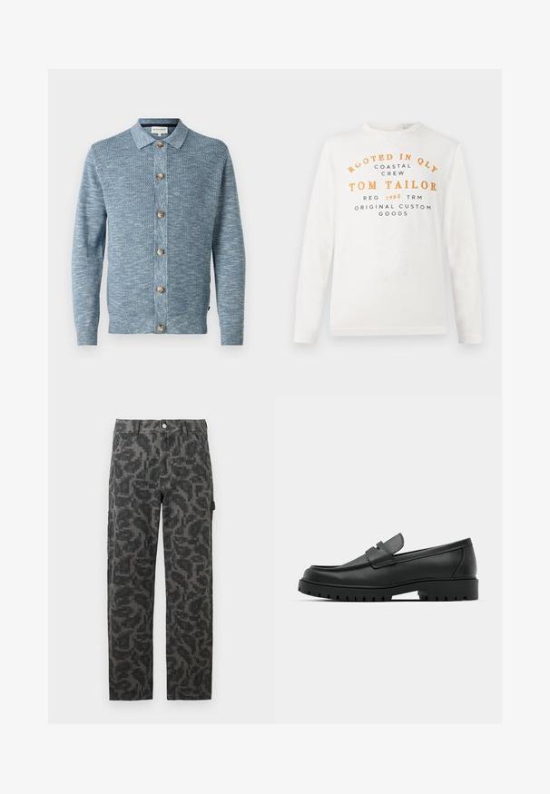 Cardigan en tricot bleu clair avec un motif texturé, doté d'une fermeture à boutons à l'avant et de boutons en bois, avec des manches longues et un col classique.; Chemise blanche à manches longues avec un texte orange et noir indiquant "Rooted in QLY Coastal Crew Tom Tailor Reg 1962 TRM Original Custom Goods" sur le devant.; Pantalons droit en camouflage pixelisé noir et gris avec poches avant et fermeture à bouton.; Mocassins en cuir noir à bout arrondi, avec un design cousu, une semelle plateforme basse et une semelle en caoutchouc texturée et crantée.