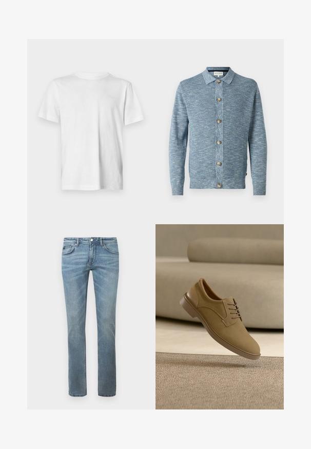 Cardigan en tricot bleu clair avec un motif texturé, doté d'une fermeture à boutons à l'avant et de boutons en bois, avec des manches longues et un col classique.; T-shirt blanc à manches courtes en coton doux, avec un col rond et un détail logo en relief discret sur la poitrine gauche.; Jean en denimb de couleur bleu clair avec une coupe droite. Comprend des poches standard, des passants de ceinture et un léger effet dégradé.; Chaussure décontractée beige à lacets flottant au-dessus d'un tapis texturé avec un canapé incurvé beige en arrière-plan.