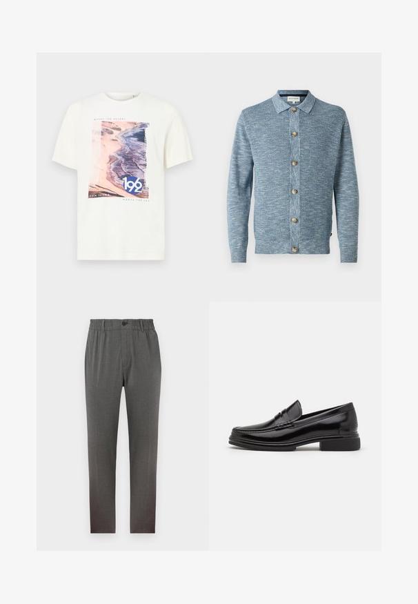 Cardigan en tricot bleu clair avec un motif texturé, doté d'une fermeture à boutons à l'avant et de boutons en bois, avec des manches longues et un col classique.; T-shirt blanc à manches courtes présentant un graphique de scène de plage en rose et bleu avec le texte "192" et "TOM TAILOR MEETS THE SEA". Tissu en coton doux.; Pantalons gris au design ajusté, dotés d'une taille élastique, d'une fermeture à bouton et de jambes droites; fabriqués en tissu doux et texturé.; Mocassins en cuir noir avec un embout arrondi, présentant un détail cousu sur le dessus, et un petit talon carré. Texture lisse et finition brillante.