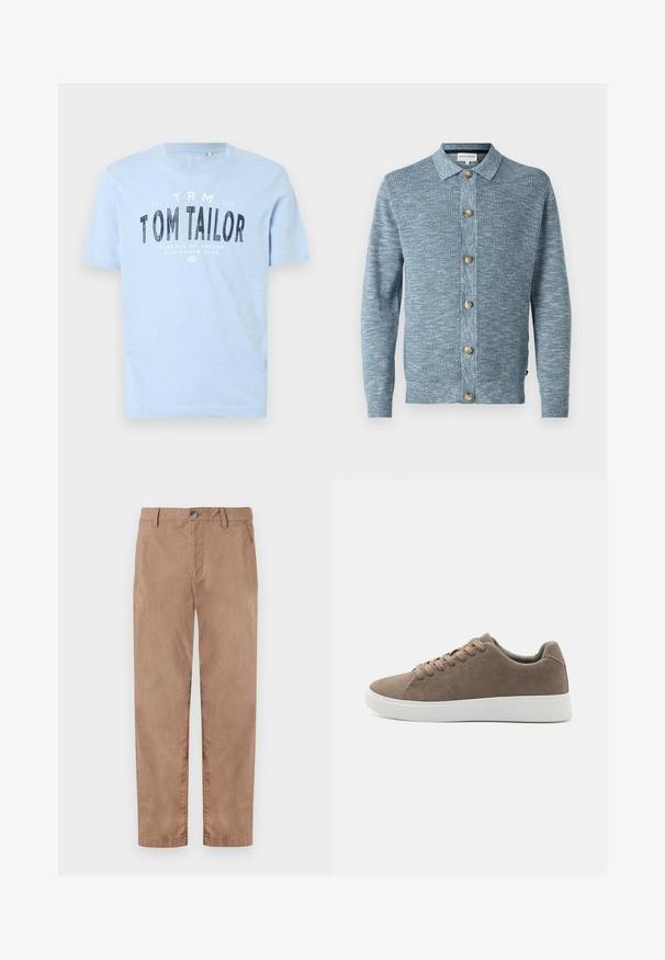 Lyseblå strikket cardigan med et struktureret mønster, med knaplukning foran og træknapper, lange ærmer og klassisk krave.; Lyseblå bomulds t-shirt med rund halsudskæring og korte ærmer. Den har kraftig sort trykt tekst: "TOM TAILOR" samt yderligere brandingdetaljer.; TOM TAILOR REGULAR WASHED - Chino - caribou beige; Brune ruskinds sneakers med flade hvide gummisåler, snørelukning, rund tå og en glat overflade. Minimalistisk stil med diskrete syninger.