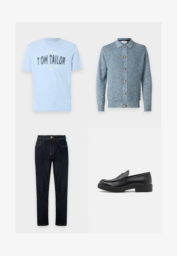 Lyseblå strikket cardigan med et struktureret mønster, med knaplukning foran og træknapper, lange ærmer og klassisk krave.; Lyseblå bomulds t-shirt med rund halsudskæring og korte ærmer. Den har kraftig sort trykt tekst: "TOM TAILOR" samt yderligere brandingdetaljer.; TOM TAILOR TTJOSH REGULAR SLIM FIT - Jeans Straight Leg - rinsed blue denim; Sorte læder loafers med rund tå, slip-on design og tyk gummisål med tekstureret greb. Forhøjet hæl og subtile syninger.