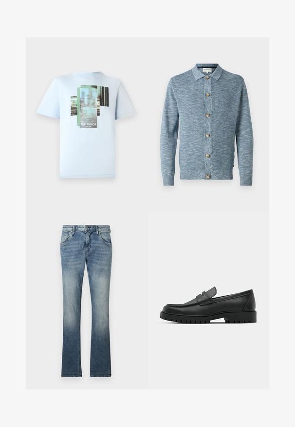 Hellblau gestrickte Strickjacke mit einem strukturierten Muster, mit einem knöpfbaren Vorderteil und Holzknöpfen, langen Ärmeln und klassischem Kragen.; TOM TAILOR T-Shirt print - light metal blue; Helleblaue Bootcut-Jeans aus Denim mit einem Farbverlauf, Fünf-Taschen-Design, Metallknopfverschluss und sichtbarem Stich entlang der Nähte.; Schwarze Lederloafer mit runder Zehenform, ausgestattet mit einem gesteppten Design, niedrigem Plattformsohle und einer strukturierten, genoppten Gummisohle.