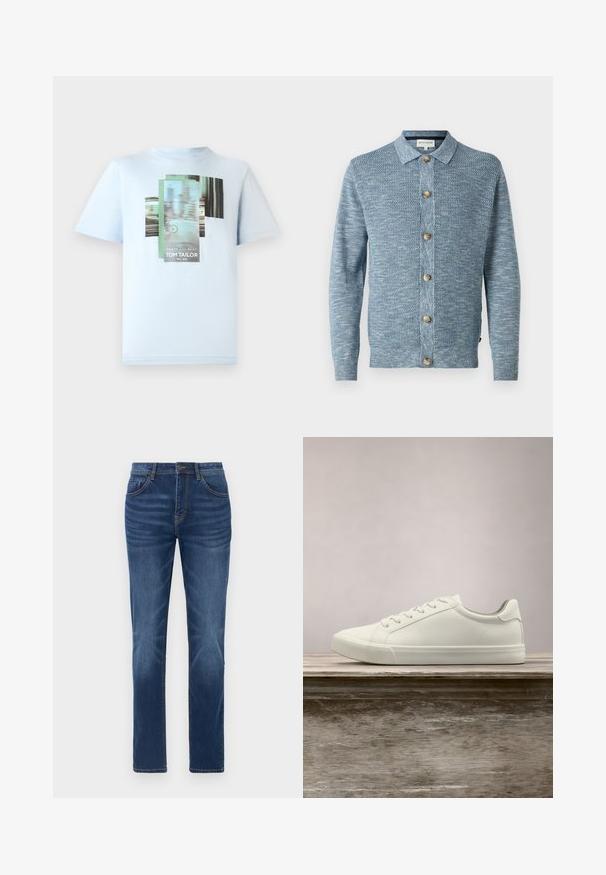 Hellblau gestrickte Strickjacke mit einem strukturierten Muster, mit einem knöpfbaren Vorderteil und Holzknöpfen, langen Ärmeln und klassischem Kragen.; TOM TAILOR T-Shirt print - light metal blue; Dunkelblaue Denim-Jeans mit klassischem gerade geschnittenem Schnitt, Fünf-Taschen-Design und leichtem Verblassen an den Beinen. Mit Knopf- und Reißverschluss.; Weiße Schnürsneaker, die über einer Holzbank mit grünem Laub im Hintergrund schweben und das Schuhdesign sowie die Textur zeigen.