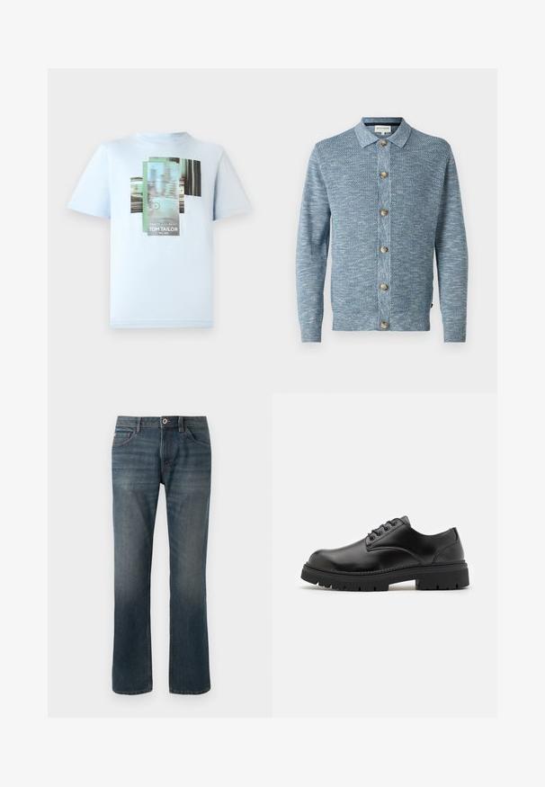 Lyseblå strikket cardigan med et struktureret mønster, med knaplukning foran og træknapper, lange ærmer og klassisk krave.; TOM TAILOR T-shirts print - light metal blue; Mørkeblå denimjeans med lige ben-design. Funktioner inkluderer fem lommer, kontraststing og en frontlukning med knap og lynlås.; Sorte lædersko med rund tå, snørelukning og en tykk, struktureret gummisål. Har syninger langs kanten og en glat overflade.