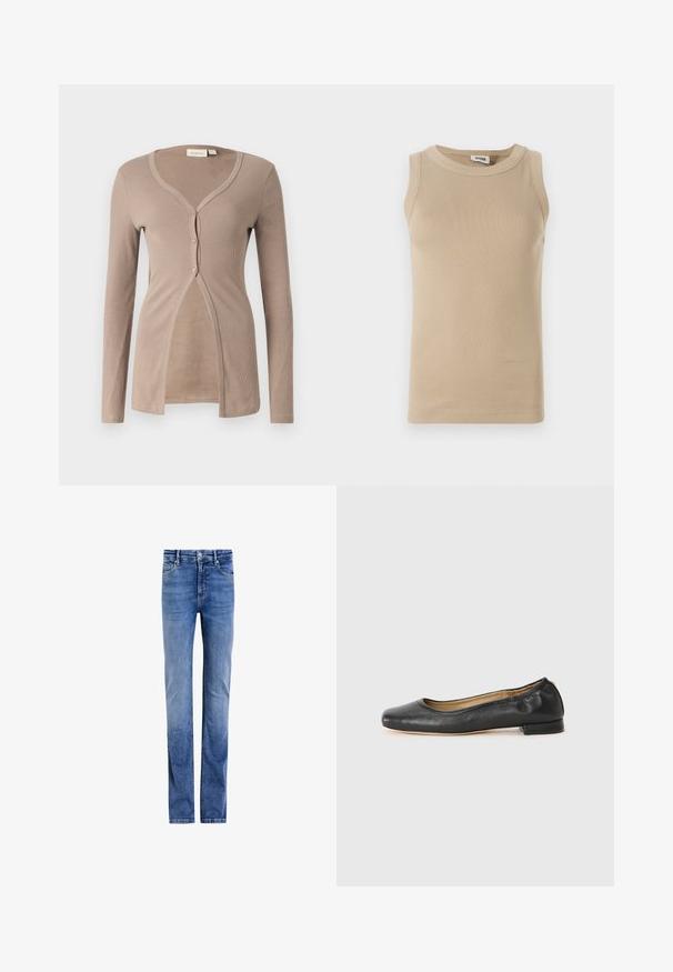 Cardigan beige à côtes avec des manches longues, col en V et fermeture à cinq boutons. Il présente une texture douce et un design à ouverture frontale pour un ajustement décontracté.; Top sans manches beige en tissu côtelé avec un col rond, présentant des coutures ton sur ton et un design ajusté.; Jean en denim bleu clair avec une coupe droite, cinq poches, et une fermeture classique à boutons à l'avant. Lavage décoloré avec un léger effet de frottement.; Ballerines en cuir noir avec un bout arrondi et des coutures minimales. Talon bas et rectangulaire avec une texture lisse. Détails subtils de doublure intérieure.