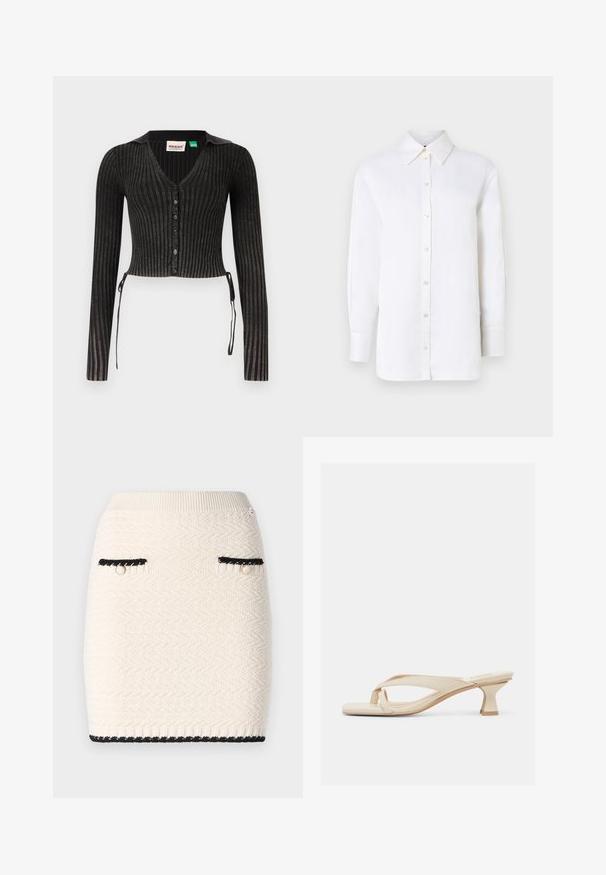 Sort ribbet cropped cardigan med lange ærmer, V-hals, knaplukning og sideslyng. Har et tekstureret strikmønster.; Hvid linned skjorte med knapper, spidse kraver, lange ærmer og knaplukninger. Har en afslappet pasform og en glat tekstur.; Strikket mini nederdel i creme med et tekstureret zigzag mønster, accentueret med sort trim omkring lommerne og kanten, samt hardware i guldtonet.; Beige hælsandal med lav, udvidet hæl og rem i tåsandalstil på en hvid baggrund.