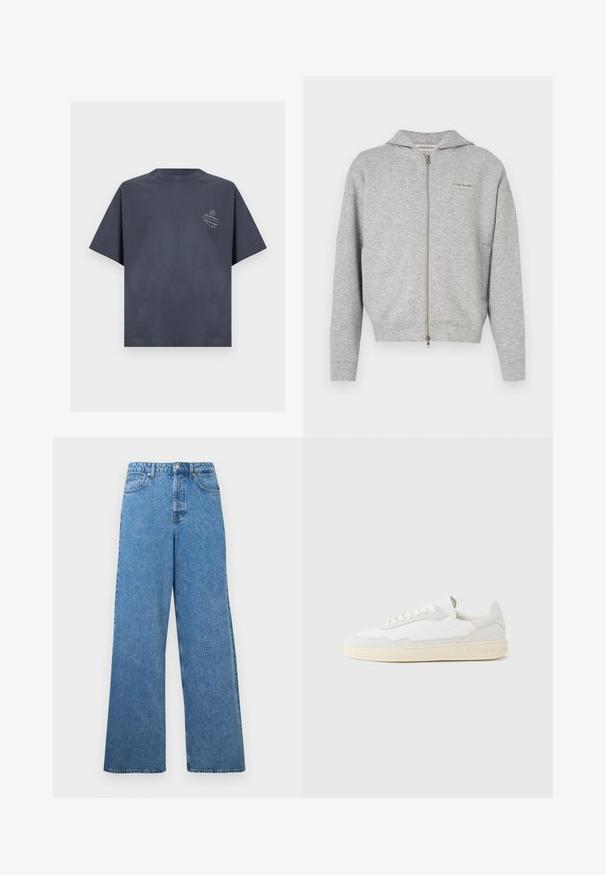 Grijze capuchontrui met ritssluiting, gemaakt van een katoenmengsel, voorzien van een capuchon, twee zijzakken en een klein logolabel op de linkerborst.; Donkergrijze T-shirt met korte mouwen en ronde hals, met kleine lichtgekleurde tekst en een cirkelvormig logo op het linkerborstgebied.; Blauwe denim jeans met een hoge taille, wijde pijpen, knopen aan de voorkant, ritssluiting, riemlussen en voor- en achterzakken.; Witte sneaker met een bovenwerk van gestructureerd suède en leer. Voorzien van een afgeronde neus, vetersluiting en een contrasterende beige rubberen zool.