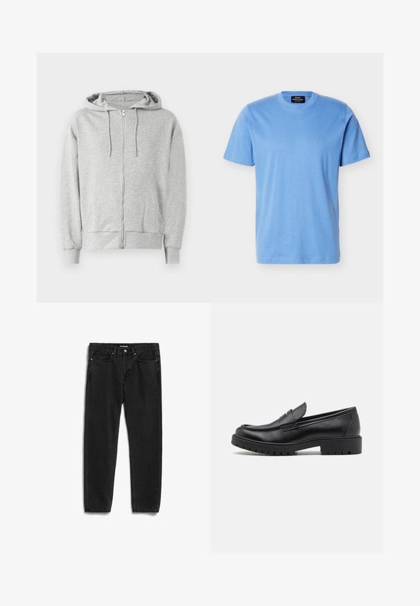 Grau zip-up Hoodie mit Kapuze mit Kordelzug, Kängurutaschen, gerippten Bündchen und einer weichen, melierten Textur. Lässiges und bequemes Design.; Hellblaues kurzärmeliges Baumwoll-T-Shirt mit Rundhalsausschnitt und kleinem "Mads Nørgaard" Logo auf der linken Brust gestickt.; Schwarze Jeans aus Denim mit geradem Bein, ausgestattet mit fünf Taschen, einem Frontreißverschluss und einem metallenen Knopfverschluss. Weiche Textur und minimalistische Details.; Schwarze Lederloafers mit runder Zehenform, eleganter Schlupfdesign und dicker Gummisohle mit strukturiertem Griff. Erhöhter Absatz und dezente Nähdetails.