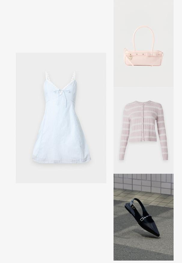 Cardigan en tricot torsadé rose clair avec des rayures horizontales blanches, devant boutonné, col rond et manches longues.; Robe sans manches bleu clair avec fines rayures blanches verticales, bretelles ornées de dentelle, petit nœud à l'avant et décolleté en V.; Mocassin noir à bout pointu et bride arrière, avec double boucle, posé sur un asphalt gris près d'un mur carrelé en arrière-plan.; Sac à main rectangulaire rose pâle avec double poignée, nœud décoratif, œillets métalliques et petit charm en forme de cœur sur un fond uni.