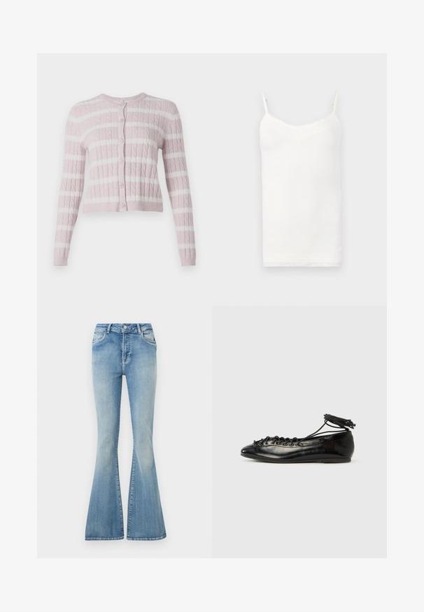 Cardigan en tricot torsadé rose clair avec des rayures horizontales blanches, devant boutonné, col rond et manches longues.; Camisole blanche avec fines bretelles réglables, texture côtelée, et bordure en dentelle au niveau de l'encolure et de l'ourlet. Design simple et ajusté.; Jean en denim bleu clair taille haute avec jambes larges évasées, boutonnage avant, fermeture éclair et design à cinq poches.; Ballerines en cuir verni noir avec un bout rond, un design à lacets et une semelle plate. Texture lisse avec peu de détails.