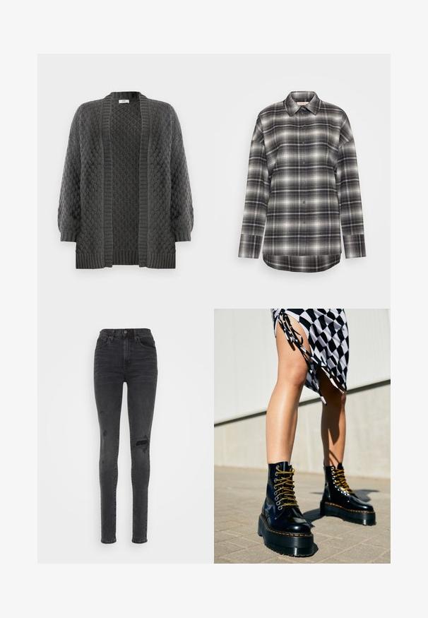 Strikket cardigan med åben front i mørkegrå; har et tekstureret diamantmønster, ribbede manchetter og kant, med sænkede skuldre for en afslappet pasform.; Tjekket skjorte med lange ærmer i sorte, grå og hvide nuancer. Har knaplukning foran, spidse krave og en afslappet pasform med en lige kant.; Slanke højtaljede jeans i mørkegrå denim med slidte detaljer, herunder huller på knæet, og en glat overflade.; Sorte læder platform støvler med chunky såler, guld snørebånd og orange syninger, kombineret med en ternet nederdel med en sideslids.