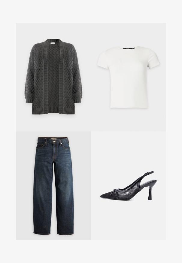 Gehaakte open voorkant cardigan in donkergrijs; heeft een gestructureerd ruitpatroon, ribbelboorden en -zoom, met verlaagde schouders voor een ontspannen pasvorm.; Wit geribbeld gebreid T-shirt met korte mouwen en een ronde hals, weergegeven op een effen lichtgrijze achtergrond.; Donkerblauwe jeans van denim, met een recht model, vijf-pocketstijl en stiksels met een knoopsluiting.; Zwarte slingback hoge hak met een puntige neus, een honingraatpatroon van gaas en een klein sierstrikje aan de voorkant.