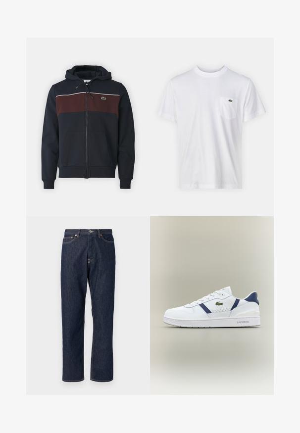 Navyblaues Zip-Up-Hoodie mit kastanienbraunem Brustpanel, weißen Akzentlinien, verstellbarem Kordelzug und einer frontalen Tasche. Mit kleinem Logo.; Weißes Baumwoll-T-Shirt mit Rundhalsausschnitt und kurzen Ärmeln. Verfügt über eine linke Brusttasche und ein kleines grünes Lacoste-Logo.; Dunkelblaue Denimjeans mit geradem Bein-Design. Verfügt über einen Knopf- und Reißverschluss, fünf Taschen und Kontrastnähte.; Weiße Lacoste-Sneaker mit marineblauen Akzenten, grünem Krokodil-Logo, Schnürdesign und markierten Sohlen auf neutralem Hintergrund.