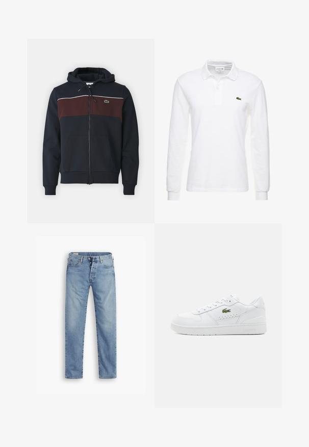 Navyblaues Zip-Up-Hoodie mit kastanienbraunem Brustpanel, weißen Akzentlinien, verstellbarem Kordelzug und einer frontalen Tasche. Mit kleinem Logo.; Weißes Langarm-Polohemd aus Baumwolle mit klassischem Kragen und kleinem grünem Lacoste-Logo auf der Brust. Glatte Textur.; Hellblaue Denim-Jeans mit geradem Schnitt. Sie verfügen über einen Knopfverschluss, fünf Taschen und eine leicht verwaschene Textur.; Weiße Leder-Sneaker mit perforierten Akzenten, flachen Schnürsenkeln und einem kleinen grünen Logo an der Seite. Gummisohle und gepolsterter Kragen für Komfort.