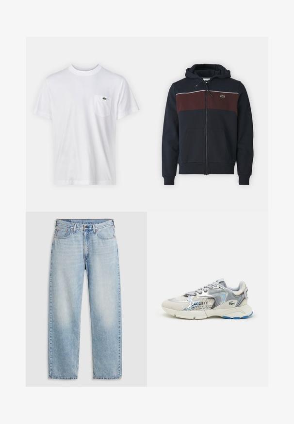 Sweat à zip bleu marine avec un panneau poitrine bordeaux, une ligne d'accent blanc, un cordon de serrage réglable et une poche frontale. Il présente un petit logo.; T-shirt en coton blanc avec un col rond et des manches courtes. Il présente une poche sur la poitrine gauche et un petit logo Lacoste vert.; Jean droit bleu clair avec cinq poches, fermeture à bouton en métal et un délavage au niveau des cuisses et des genoux, posé à plat sur un fond blanc.; Baskets Lacoste avec un mélange de daim gris et de mesh, avec un accent bleu, des détails texturés et une semelle blanche. Comprend un texte de marque sur le côté.