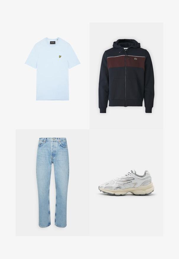Marineblauwe ritshoodie met een bordeauxrood borstpaneel, witte accenten, verstelbare trekkoord en een voorzak. Bevat een klein logo.; Lichtblauw katoenen T-shirt met een ronde hals, voorzien van een klein geel vogellogo geborduurd op de linkerborst. Korte mouwen, effen kleur.; Lichtblauwe denim jeans met een rechte snit, hoge taille, vijf-pocket ontwerp en zichtbare stikseldetails op de naden en zomen.; Witte sportieve schoenen met grijze accenten, bovenwerk van mesh en synthetisch materiaal, vetersluiting en een geprofileerde rubberen zool met looppatronen.