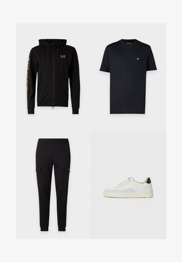 Sweat à capuche noir zippé en tissu doux. Comprend une capuche, des poches avant et un logo imprimé jaune sur la poitrine et la manche.; T-shirt en coton noir avec col rond, manches courtes et petit logo doré sur la poitrine. Texture lisse, coupe standard.; Pantalons de jogging noirs en tissu doux, présentant une coupe fuselée et deux poches cargo latérales avec un logo discret sur une poche.; Baskets blanches avec des accents en daim, bout arrondi, lacets plats et semelle en caoutchouc crème. Présente une marque verte sur le talon.