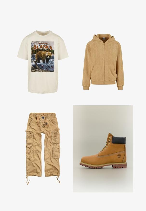 Reißverschluss-Hoodie in helltan Farbe, mit einem strukturierten Muster, Fronttaschen und einer gefütterten Kapuze. Rippbündchen und -saum für eine enganliegende Passform.; Cremefarbene Baumwoll-T-Shirt mit einem grafischen Druck eines Braunbären im Wasser, Bergen und Bäumen, mit "Alaska" und "The Last Frontier."; Khaki Cargo-Hosen mit mehreren seitlichen Taschen, Knopfverschluss, elastischem Bund und verstellbaren Bündchen. Hergestellt aus strapazierfähigem Stoff.; Brauner Leder-Stiefelette mit schwarzem Kragen, gelben Schnürsenkeln und hellbrauner Sohle. Verfügt über ein Logo und weiße Ziernähe. Robuste Profilsohle.