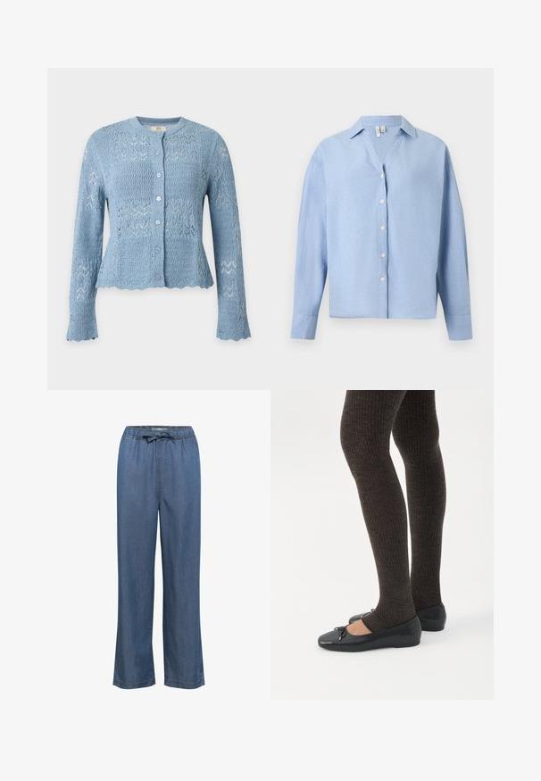 Lyseblå strikket cardigan med lange ærmer, knapper foran, rund halsudskæring og bølgede kanter på manchetter og kant.; Lyseblå skjorte med lange ærmer og knapper samt krave, vist på en ensfarvet baggrund.; Bredde denim bukser i en mellemblå tone, med en elastisk talje og justerbar snor samt lige ben for en afslappet pasform.; Ben iført mørke ribbede leggings kombineret med sorte balletsko med små sløjfedetaljer på hvid baggrund.