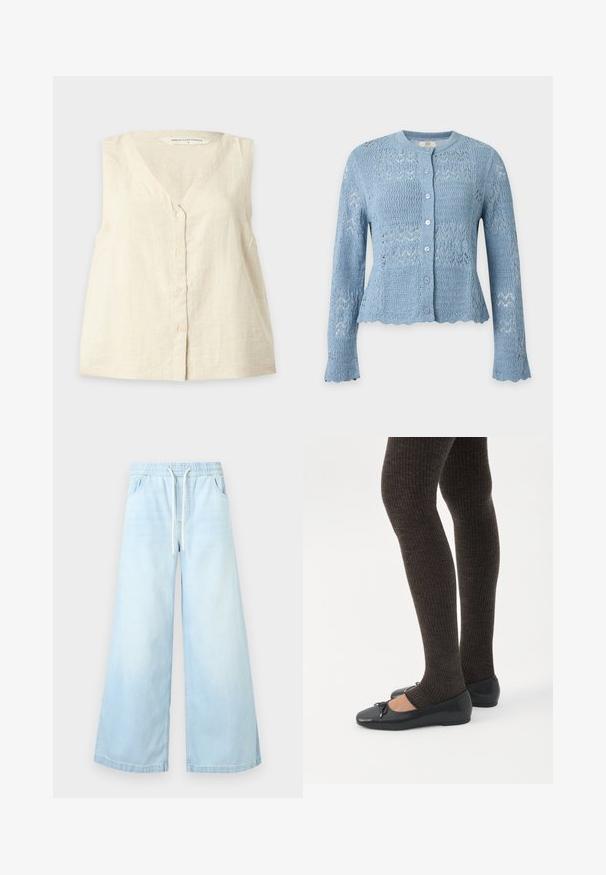 Cardigan tricoté bleu clair à manches longues, boutonnage devant, encolure ronde et bords festonnés aux poignets et à l'ourlet.; Blouse sans manches beige clair à boutons avec col en V et quatre petits boutons devant, en tissu léger texturé.; Pantalon en jean bleu clair à jambes larges avec taille élastique et cordon blanc, avec poches avant et coupe décontractée.; Jambes portant des leggings côtelés foncés associés à des ballerines noires avec de petits détails en nœud sur fond blanc.