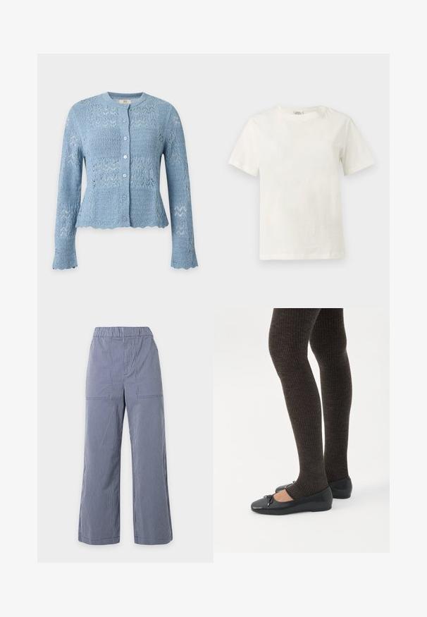 Cardigan tricoté bleu clair à manches longues, boutonnage devant, encolure ronde et bords festonnés aux poignets et à l'ourlet.; T-shirt blanc en coton, manches courtes, col rond, présenté sur un fond gris clair neutre.; Pantalon large à rayures verticales bleu et blanc avec taille élastique et poches plaquées à l'avant, présenté sur un fond uni.; Jambes portant des leggings côtelés foncés associés à des ballerines noires avec de petits détails en nœud sur fond blanc.