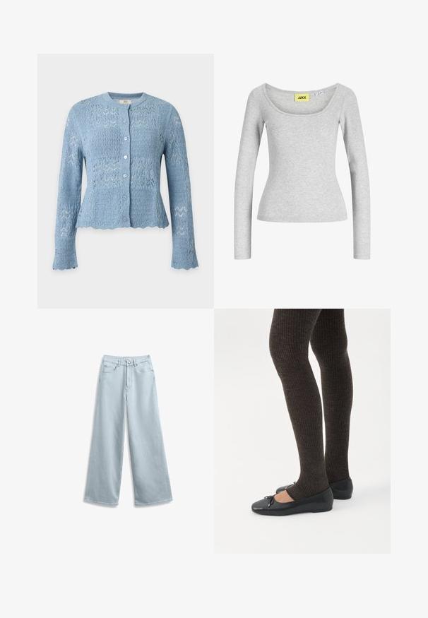 Lichtblauwe gebreide cardigan met lange mouwen, knoopsluiting aan de voorkant, ronde halslijn en geschulpte randen aan manchetten en zoom.; Lichtgrijs, nauwsluitend shirt met lange mouwen, brede ronde halslijn en een geel merklabel "JJXX" genaaid aan de binnenkant van de kraag.; Lichtblauwe wijde spijkerbroeken van denim, met een klassieke vijf-pocket ontwerpen en een knoopsluiting aan de taille.; Benen met donkere geribbelde leggings gecombineerd met zwarte ballerina's met kleine strikdetails op een witte achtergrond.