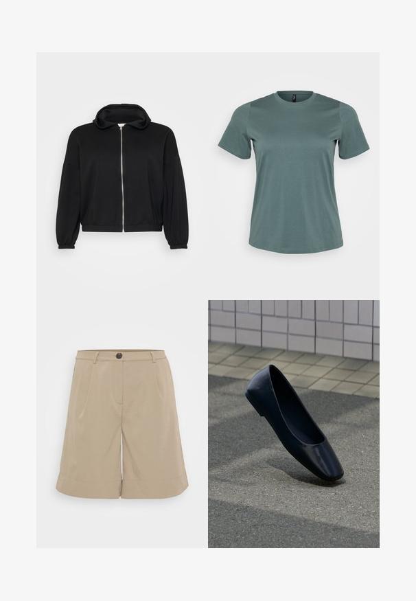 Sort zip-up hættetrøje lavet af blødt stof, med en afslappet pasform, lange ærmer og en hætte med snor samt ribbede manchetter og kant.; Kortærmet t-shirt i afdæmpet grøn, rund halsudskæring, lavet af blød bomuldsblanding, med en glat tekstur og løs pasform.; Khaki shorts lavet af letvægtsstof, med flad front, plisseringer, knaplukning og rullede nederkanter. Simpelt og skræddersyet design.; Sort læder flad sko, stående opret på en asfaltbelægning nær en flisebelagt fortovskant.