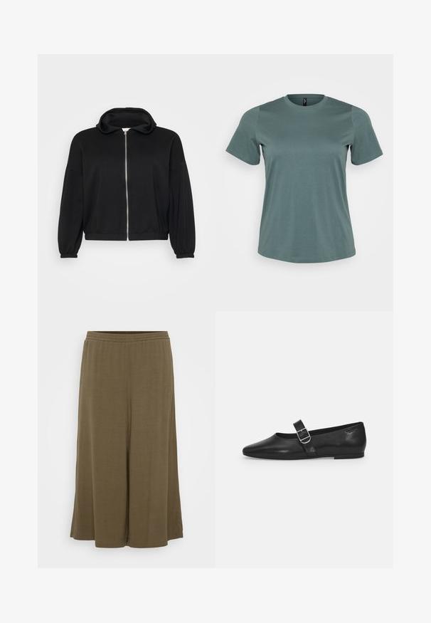 Sort zip-up hættetrøje lavet af blødt stof, med en afslappet pasform, lange ærmer og en hætte med snor samt ribbede manchetter og kant.; Kortærmet t-shirt i afdæmpet grøn, rund halsudskæring, lavet af blød bomuldsblanding, med en glat tekstur og løs pasform.; Olivenfarvede bukser med bred ben, lavet af letvægtsmateriale. Har en elastisk talje og en afslappet pasform, med en glat, flydende tekstur.; Sorte læder flade sko med rund tå, et enkelt justerbart spænde og en glat, blank overflade. Minimalistisk design med en lav hæl.