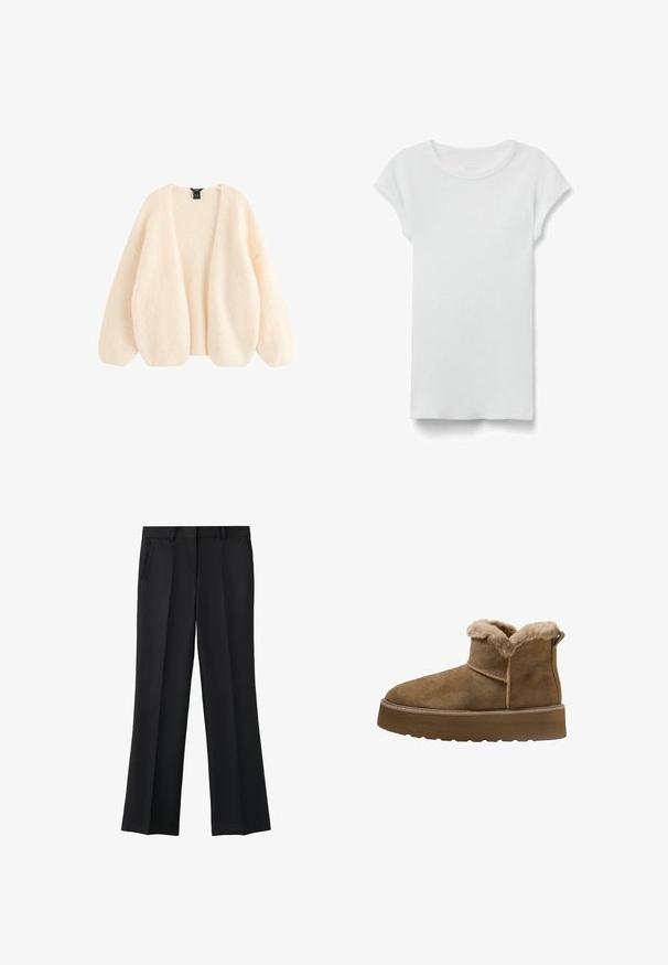 Kremfarvet åben cardigan med lange, puffede ærmer og en blød, fluffy tekstur.; Hvid kortærmet ribbet T-shirt med rund hals, lagt fladt på hvid baggrund, viser forsiden og simpel afslappet stil.; Sorte formelle bukser med lige ben, frontfold, sidelommer og bæltestropper, vist mod hvid baggrund.; Brune ruskinds ankelstøvler med faux pelsfor, rund tå og en tykk platformsål; har en syet søm og en trækflap bagpå.