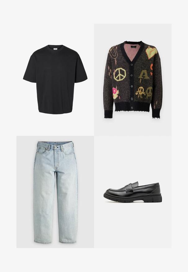 Gebreide cardigan in donkergrijs met een zwarte afwerking. Heeft kleurrijke patronen, waaronder vredestekens en schedels, met een licht rafelige rand.; Zwart T-shirt met korte mouwen en een ronde hals, met een losse pasvorm en een zichtbaar wit label aan de binnenkant van de kraag.; Lichtblauwe denim jeans met een rechtBeen, vijf zakken en een knoopsluiting; heeft vervaagde gebieden en subtiele stikdetails.; Zwarte leren instapper met een brede band over de voet, rubberen zool met dikke noppen en een gladde textuur. Klassiek, strak ontwerp.