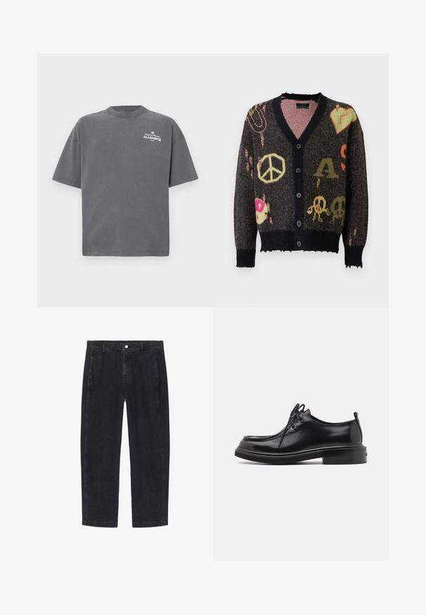 Gebreide cardigan in donkergrijs met een zwarte afwerking. Heeft kleurrijke patronen, waaronder vredestekens en schedels, met een licht rafelige rand.; Donkergrijs T-shirt met korte mouwen en ronde hals met klein wit "ALLSAINTS"-logo op de linker bovenborst.; Zwarte spijkerbroek met rechte pijpen, voorzakken, riemlussen en een knoopsluiting in de taille.; Calvin Klein LACE UP APRON BRUSH OFF - Veterschoenen - black