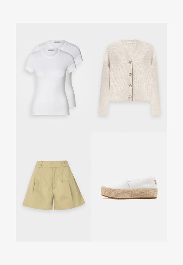 Beige gerippte Strickjacke mit V-Ausschnitt, langen Ärmeln und vier Knöpfen vorne, flach auf weißem Hintergrund liegend.; Zwei weiße Baumwoll-T-Shirts mit kurzen Ärmeln, Rundhalsausschnitten und einer engen Passform, die eine glatte Textur und ein minimalistisches Design aufweisen.; Beige Shorts mit hohem Bund, Gürtelschlaufen, abgesteppten Falten vorne und leicht ausgestelltem Bein.; Weißer Slipper mit abgerundetem Zeh, ausgestattet mit einer geflochtenen Jutevereinigungssohle und einem weichen Stoff-Obermaterial mit ausgefransten Kanten.