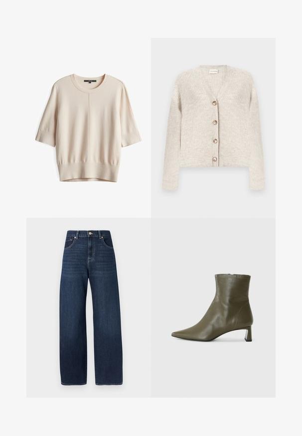 Beige geribbelde gebreide cardigan met V-hals, lange mouwen en vier knopen aan de voorkant, plat gelegd op een witte achtergrond.; Lichtbeige korte mouwen sweater met een ronde hals, ribgebreide manchetten en tailleband; heeft een gladde, gestructureerde brei en centrale naaddetails.; Donkere denim jeans met wijde pijpen en een gladde textuur, voorzien van een knoopsluiting, vijfzakkenontwerp en subtiele stikseldetails.; Olijfgroene leren enkellaars met een spitse neus en een blokhak van 4 cm; gladde textuur en minimalistisch ontwerp met een ritssluiting.