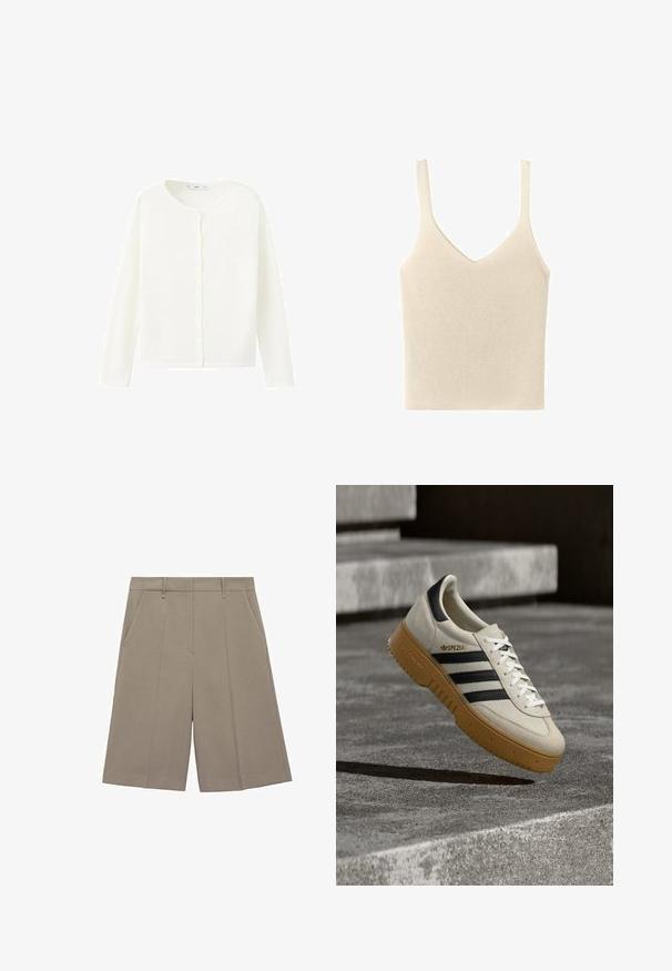 Cardigan blanc à manches longues avec boutons, col rond et poignets ajustés, présenté à plat sur un fond blanc.; Débardeur crème clair avec col en V, bretelles fines et texture côtelée douce, doté d'une coupe ajustée pour une silhouette épurée.; Shorts plissés beige à coupe droite, dotés de passants de ceinture et de poches latérales. Fabriqués en tissu lisse et léger.; Baskets en daim beige avec des rayures noires, des lacets blancs et une semelle en caoutchouc gomme. Présente un logo "SPEZIAL" sur le côté.