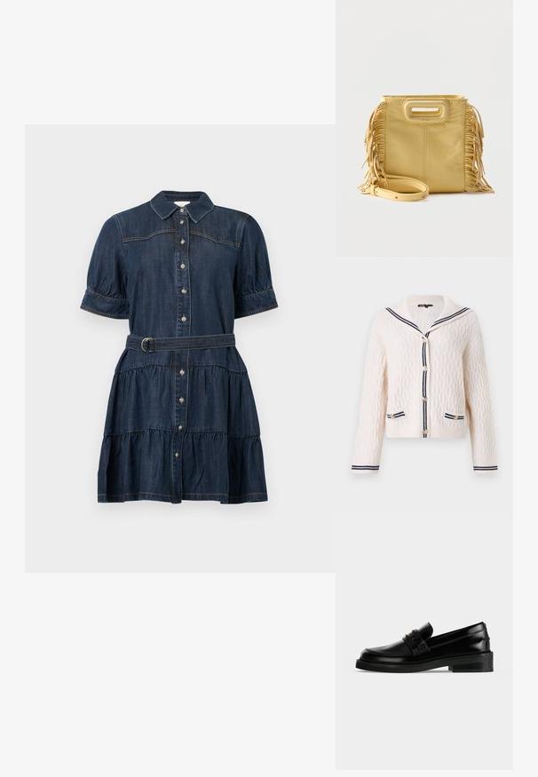 Cardigan blanc en maille torsadée avec rayures bleu marine sur le col marin, la patte de boutonnage, les poignets et les bordures des poches, orné de boutons dorés et manches longues.; Robe en denim bleu foncé avec manches courtes bouffantes, devant boutonné, jupe à volants et ceinture assortie. Présente des détails de couture subtils.; Mocassin en cuir noir poli avec un petit talon carré, surpiqûres moc toe et une bride décorative sur le dessus.; Sac à main en cuir jaune avec détails à franges sur les côtés, poignée découpée rectangulaire et bandoulière amovible placée à l'avant.