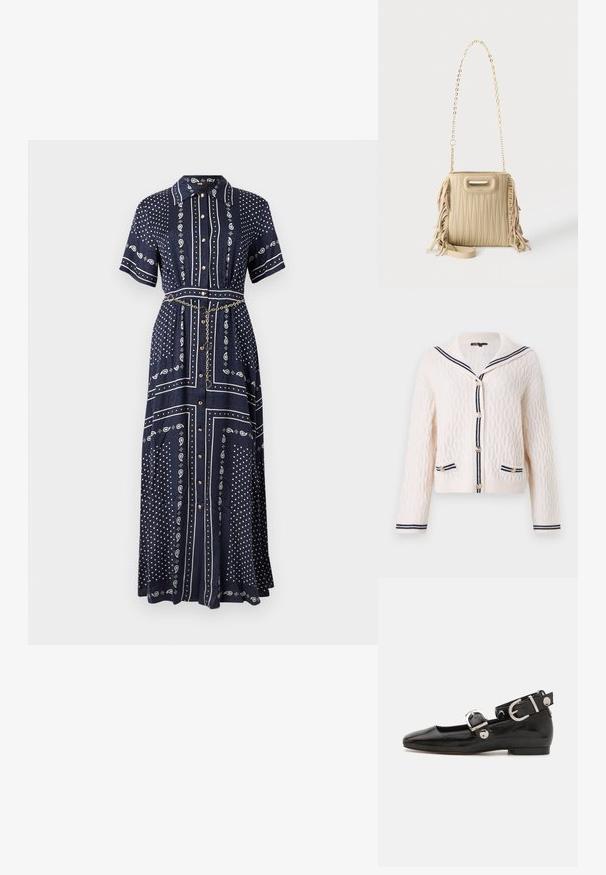 Cardigan blanc en maille torsadée avec rayures bleu marine sur le col marin, la patte de boutonnage, les poignets et les bordures des poches, orné de boutons dorés et manches longues.; Robe longue bleu marine à manches courtes, motifs cachemire et points blancs, boutons à l'avant, col, et une fine ceinture chaîne dorée à la taille.; Ballerine en cuir verni noir avec un bout carré, sangle de cheville avec des détails en métal argenté et semelle plate. Texture lisse avec un design minimaliste.; Sac à main matelassé beige avec des détails à franges sur les côtés, une bandoulière chaîne dorée et une petite ouverture sur la poignée supérieure.