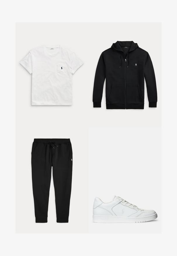 Schwarzer Kapuzenpullover mit Reißverschluss, Fronttaschen, verstellbarer Kordelkapuze und kleinem weißen Polo Ralph Lauren-Logo auf der linken Brust.; Weißes T-Shirt mit kurzen Ärmeln und Rundhalsausschnitt mit einer Brusttasche, die ein kleines dunkles Polospieler-Logo zeigt.; Schwarze, schmal zulaufende Jogginghose mit elastischem Bund, Kordelzug, Seitentaschen, Bündchen an den Knöcheln und kleinem weißen Polo-Logo am rechten Oberschenkel.; Weißer Ledersneaker mit glatter Textur, ausgestattet mit einer perforierten Zehenpartie, Schnürverschluss und gesticktem Logo an der Seite. Weiße Gummisohle.