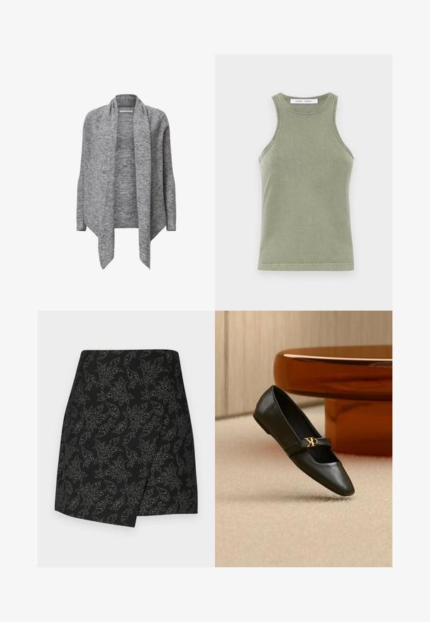 Grijze gebreide cardigan met lange mouwen, open voorkant, geribbelde textuur en gedrapeerde kraag. Zacht materiaal met een asymmetrische zoom.; Olijfgroene tanktop van zachte katoen, met een ronde halslijn, mouwloos ontwerp en gestikte randen. Eenvoudige, getailleerde stijl.; Zwarte rok met een wikkelontwerp, gekenmerkt door een loofmotief in zilvertonen. Gladde textuur met een asymmetrische zoomlijn, midden-dij lengte.; Zwarte leren platte schoen met puntige neus en gouden CK-logo op het bandje, geplaatst op een beige tapijt bij een ronde amberbruine tafel.