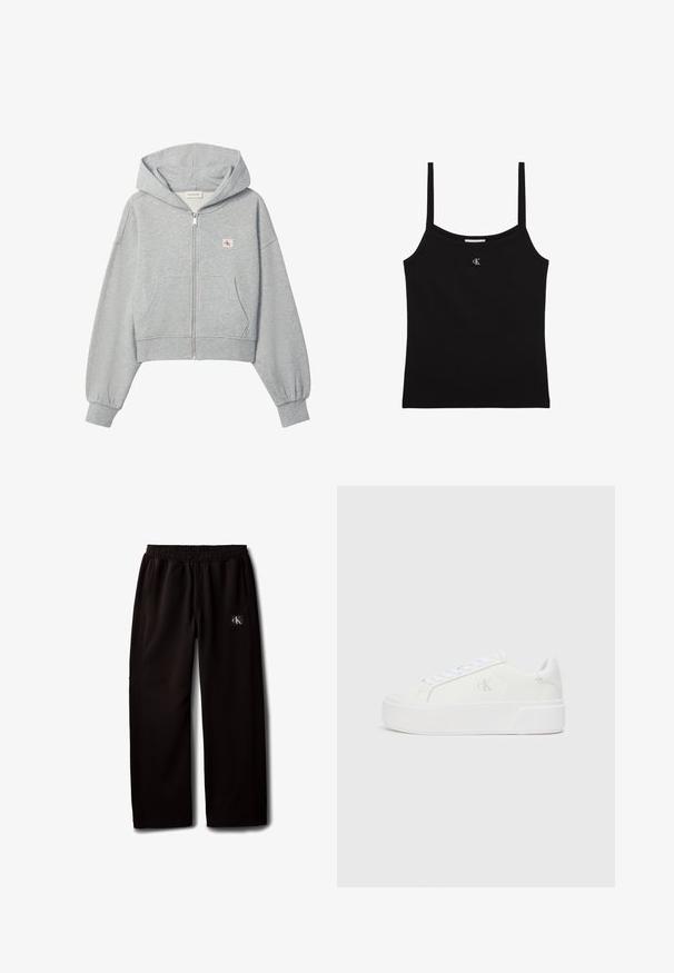 Sudadera corta gris claro con cremallera, bolsillos delanteros, puños elásticos y pequeño logo de Calvin Klein en el pecho izquierdo.; Top corto negro con tirantes finos y un pequeño logo plateado de CK centrado debajo del escote.; Pantalones negros de pierna ancha con cintura elástica y bolsillos laterales, con un pequeño parche con el logo de Calvin Klein en el muslo derecho.; Zapatillas de plataforma blancas con parte superior de cuero suave, punta redondeada, cordones blancos y un sutil detalle de logotipo en el lateral. Suela de goma plana.