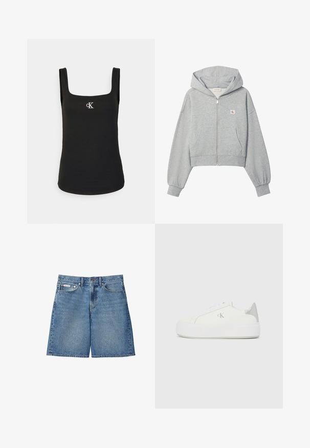 Lysegrå cropped hættetrøje med lynlås, forlommer, elastiske manchetter og lille Calvin Klein-logo på venstre bryst.; Sort ærmeløs ribbet tanktop med firkantet halsudskæring og lille hvidt CK-logo midt på brystet.; Blå denimshorts med knapper foran, lynlås, bæltestropper, forlommer og et lille Calvin Klein-mærke på højre lomme.; Hvide lærredssneakers med en tyk hvid sål, prydet med en metallic sølvaccent på hælen og en diskret logo-detalje på siden.