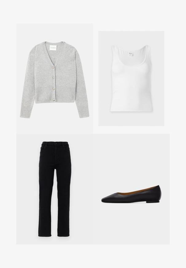 Cardigan en mélange de laine gris avec un col en V, des manches longues, un bord côtelé et cinq boutons ronds à l'avant. Texture douce, design classique.; Débardeur blanc côtelé sans manches avec encolure dégagée et étiquette de la marque Hollister au niveau du col arrière.; Jeans en denim noir avec des jambes droites, une taille mi-haute et cinq poches. Comprend une fermeture à bouton à l'avant et des passants de ceinture.; Chaussure plate en cuir noir à bout pointu avec talon bas et finition lisse, vue de côté sur un fond gris clair.