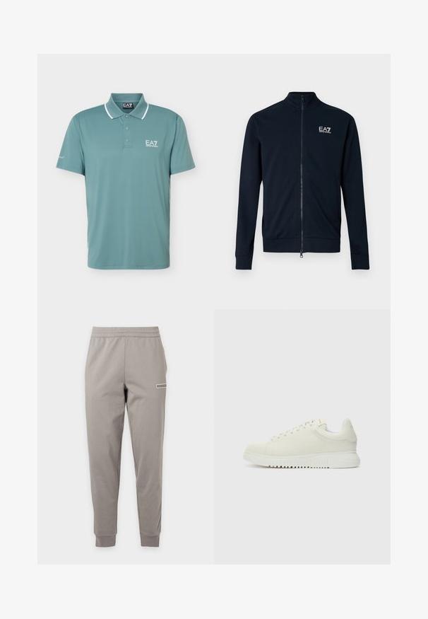 Sweat-shirt zippé bleu marine avec col montant, fabriqué en tissu lisse. Comprend un petit logo EA7 sur la poitrine et des poignets ajustés.; Polo vert à manches courtes avec bordure blanche au col et logo EA7 Emporio Armani sur la poitrine et la manche.; Pantalon de jogging slim gris clair avec taille et poignets élastiques, avec un petit logo rectangulaire sur la cuisse droite.; Baskets blanches en cuir avec un dessus texturé, bout rond, semelle plate blanche et lacets ton sur ton. Marque discrète sur la languette.