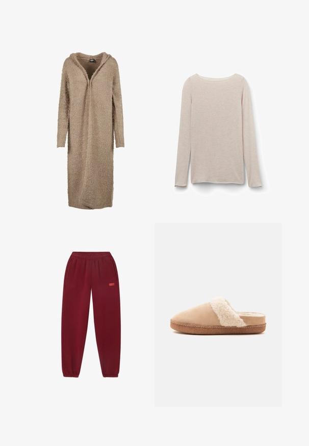 Beige Kapuzenstrickjacke aus weicher, flauschiger Wolle. Verfügt über einen langen, offenen Vorderteil und lange Ärmel mit einer strukturierten, flauschigen Oberfläche.; Helles rosa Langarm-T-Shirt mit einem lässigen Rundhalsausschnitt, aus weichem Stoff mit einer dezenten melierten Textur.; Burgunderfarbene Jogginghose mit elastischem Bund, Taschen an den Seiten und schmal zulaufenden Beinen. Auffälliges Logo in Pink auf der linken Seite aufgedruckt.; Beiger Schlupfschuh mit weichem, flauschigem weißem Innenfutter und brauner Gummisohle, seitlich auf einfarbigem Hintergrund dargestellt.