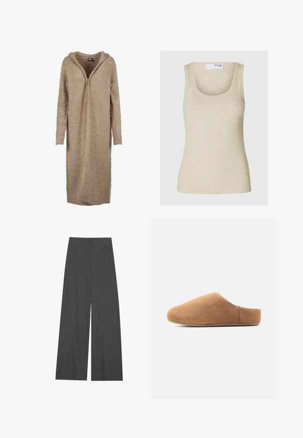Cardigan à capuche beige en fil doux et moelleux. Il présente un avant long et ouvert, des manches longues, ainsi qu'une surface texturée et pelucheuse.; Débardeur beige à côtes avec un décolleté arrondi et des bretelles larges. Fabriqué en tissu doux, il présente une silhouette ajustée.; Pantalons évasés en tissu côtelé gris anthracite, avec une taille haute et des rayures verticales pour de la texture et du détail.; Chausson en suède beige à enfiler, avec bout fermé, talon ouvert, semelle plate et petit logo UGG sur le côté, montré de profil.