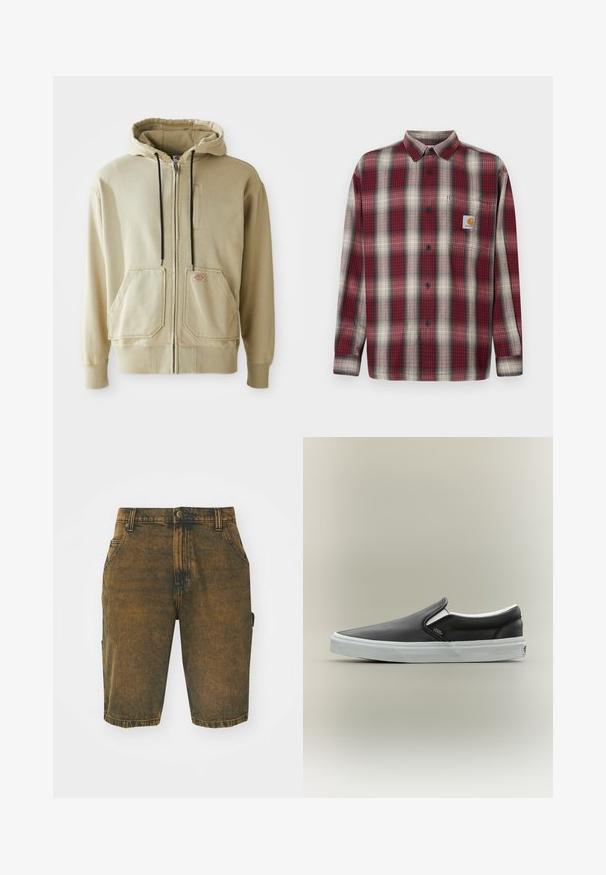 Beige Zip-Hoodie mit schwarzen Kordeln, zwei Fronttaschen, gerippten Bündchen und einem kleinen rechteckigen Logopatch auf der rechten Tasche.; Rot- und grau kariertes Flanellhemd mit Button-Down-Kragen, langen Ärmeln und einer Brusttasche mit Logostickerei. Gewebte Textur.; Jeansshorts in einem verblassten Braunton mit einer leicht abgenutzten Oberfläche. Mit Gürtelschlaufen, Vordertaschen und einer seitlichen Cargo-Tasche.; Schwarzer Vans Slip-On-Schuh mit weißer Gummisohle und kleinem Logofähnchen, im Profil auf neutralem Hintergrund dargestellt.