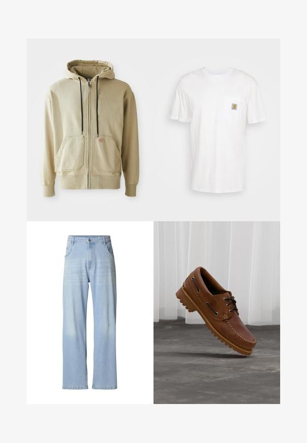 Beige zip-hætte med sorte snore, to forlommer, ribbede manchetter og et lille rektangulært logo-patch på højre lomme.; Hvid bomulds T-shirt med korte ærmer, en brystlomme, og et lille firkantet logo patch i orange og hvid på lommen.; Lyseblå denimjeans med rette ben, der har subtile falmede detaljer, fem lommer og en metalknaplukning i linningen.; Brun læder bådsko med sorte snørebånd, beige syninger og en robust sål, hængende over en grå betongulv.