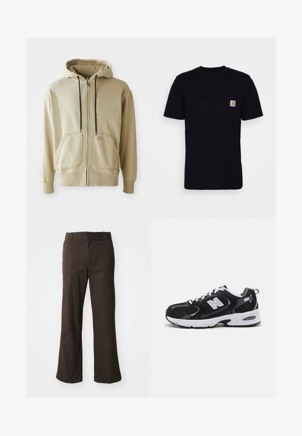 Beige zip-up hoodie met zwarte trekkoorden, twee voorzakken, geribde manchetten en een klein rechthoekig logopatch op de rechterzak.; Zwarte katoenen t-shirt met korte mouwen, ronde hals en een borstzak met een klein, vierkant logo patch. Eenvoudig, stevig ontwerp.; Bruine, uitlopende broek met een soepele textuur, voorzien van een sluiting met een voorknop en zijzakken. Eenvoudig en recht ontwerp.; Zwarte en grijze sport schoenen met een bovenwerk van mesh en suede, voorzien van een witte tussenzool, veters en een gedurfde "N"-logo aan de zijkant.